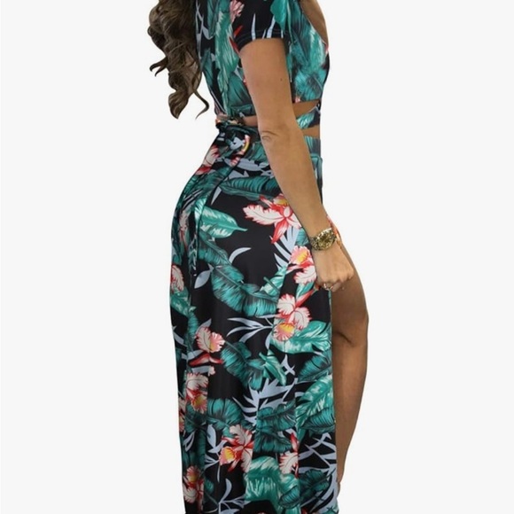 Blue and Orange Wrap Maxi Outfit with Slit - Picture 3 of 5